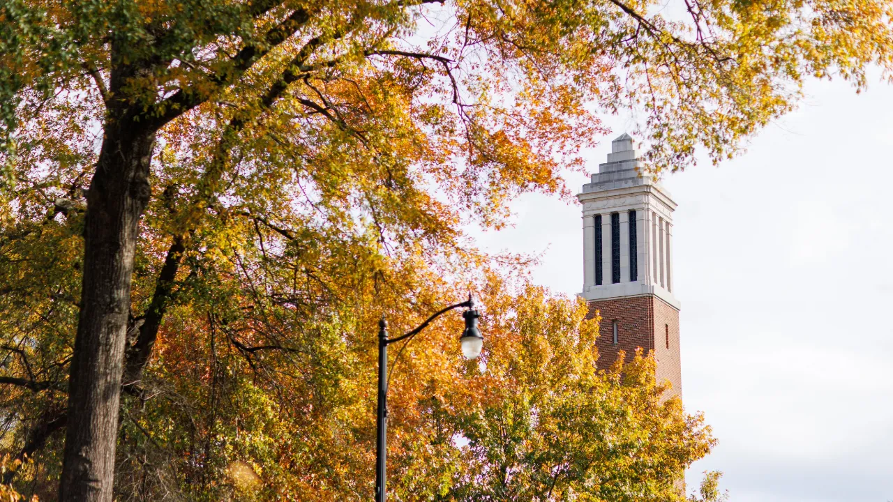 A view of Denny Chimes in the fall